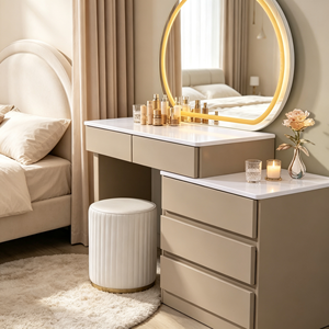 Modern Beige Makeup <b>Vanity</b> With Round LED Mirror Storage Cabinet And White Stool Bedroom Dressing <b>Table</b> - Product Image 4