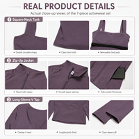 Ensemble de 7 pièces de vêtements de sport pour femme avec logo personnalisé, comprenant : soutien-gorge de sport, débardeur, veste zippée, leggings, shorts et pantalon large.