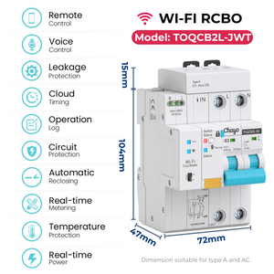 2P Smart RCBO Wi-Fi Tuya Smart Circuit Breaker dengan Perlindungan Kebocoran Tipe a 230V 30mA 63A DIN Rail Metering Chayo - Product Image 2