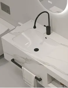 Yeni duvara monte sinterlenmiş taş lavabo mermer banyo lavabo yüz lavabolar ayna ve dolapları ile vanity