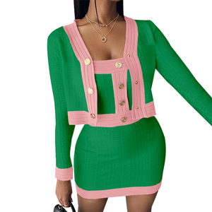 Completo Casual da Donna in Due Pezzi, Abito con Patchwork Colorato e Cardigan, Set Maglione per Confraternite - Product Image 1