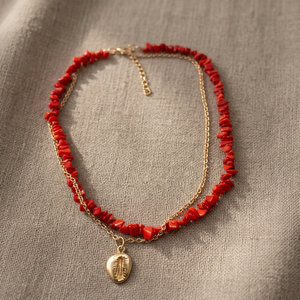 Collar de cuentas rojas con forma de piedra para mujer, con segunda cadena dorada y colgante de concha, joyería moderna estilo hip hop para regalo - Product Image 4
