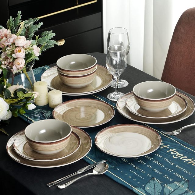 Lightweight 4-Piece Melamine Dinnerware Set Unbreakable Reusable Plate & Bowls Dishwasher BPA Free for Camping Picnics RV Brown
