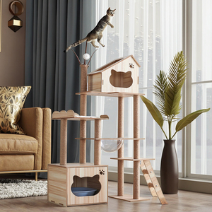 Arbres à chat en bois naturel, tour de jeu avec <span class=keywords><strong>griffoir</strong></span>, structure d'escalade intérieure pour chats, hamacs - Product Image 1