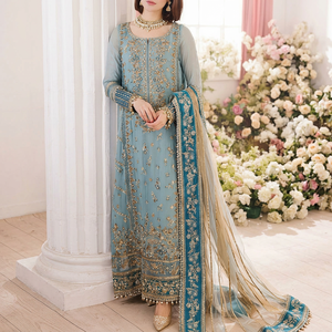 Robe Anarkali bleue avec broderie dorée, tenue traditionnelle pour fêtes/mariages, style Inde/Pakistan, pour femmes, printemps/été. - Product Image 1