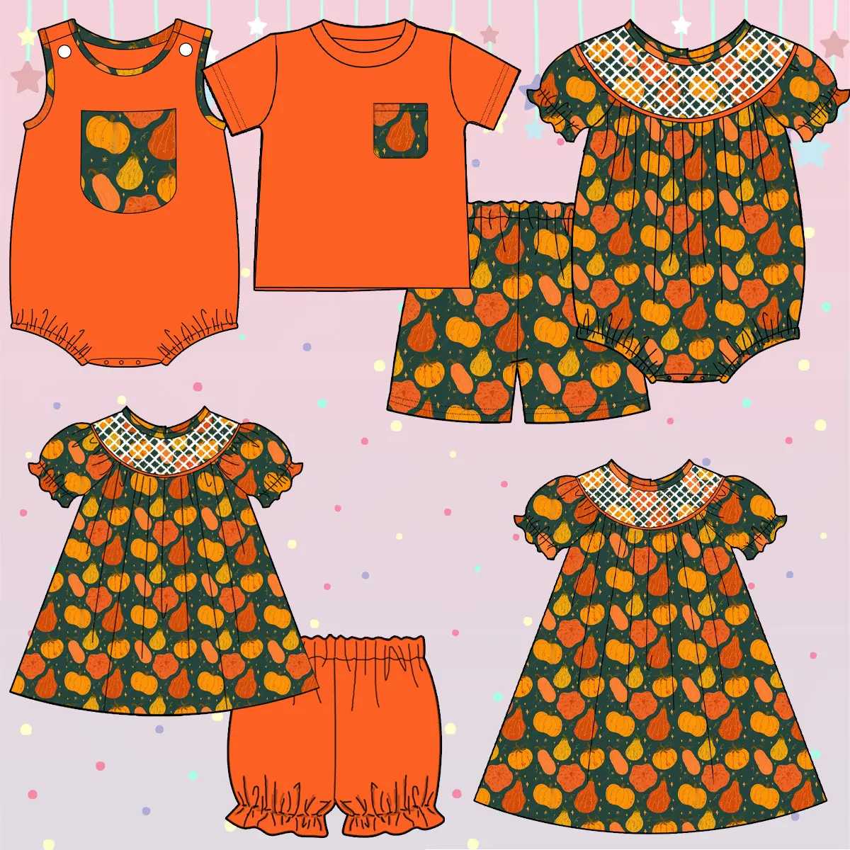 Setelan baju anak-anak motif labu, setelan baju anak perempuan lengan puff, pakaian musim gugur butik