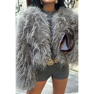 เสื้อขนสั้นสีแอนทราไซต์ ผสมไหมและขนสัตว์  ลายพิมพ์ย้อมสี  ตกแต่งกระดุม  ไซส์พลัส - Product Image 4