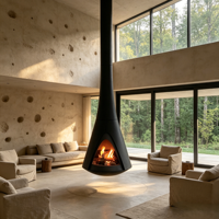 Cheminée suspendue haut de gamme VALSE, en bois, en forme de cône, noire, pour villa moderne, plafond haut, intérieur