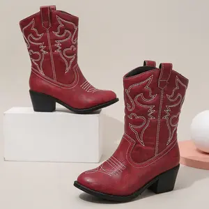 BUSY GIRL DW4384 kids boots western knee high burgundy fashion embroidery pointed toe thick heels shoes kid girl cowboy boots
