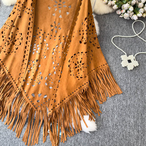 Boho Suede Fringe <b>Poncho</b> - Ethnic Cutout Cape Shawl, Loose Fit & Flattering Open Cardigan for Women - Product Image 5
