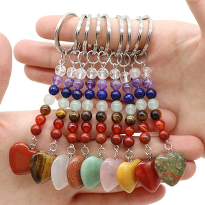 Wholesale Natural Crystal Healing Stone Rose Quartz Heart-shaped Star Moon Penguin Cat Snail Keychain Crystal Key Ring Gift