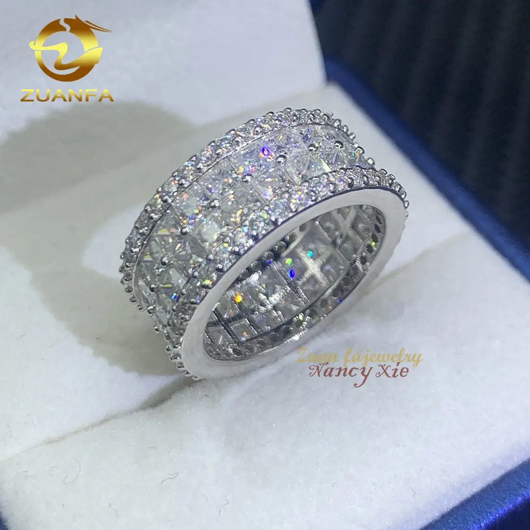 Fashion Jewelry hip hop mens Cuban gold Ring iced out 925 Sterling Silver 2 Rows VVS princess cut moissanite diamond ring