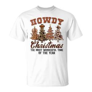 T-shirt unisexe pour adulte à manches courtes et col rond avec impression numérique Howdy Christmas Tree Leopard Western - Product Image 1