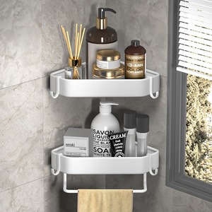 Étagère d'angle murale à 2 niveaux pour salle de bain avec barre porte-serviettes, design minimaliste rectangulaire en plastique - Product Image 3