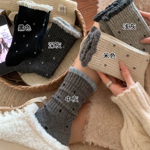 Knee <b>Socks</b> Polka Dots Mid Calf Women Thermo Sweat Absorbing Polyester Fiber Beige Dark Gray <b>Black</b> Medium Gray Light Gray - Product Image 3