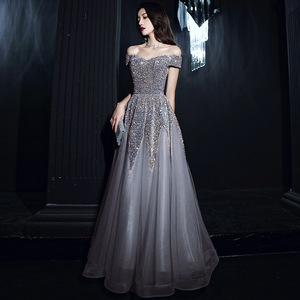 Elegant Gray Off The Shoulder Evening Gown Empire Waist A Line Organza Long Dress For Hosting Student Singing Competition - Product Image 3