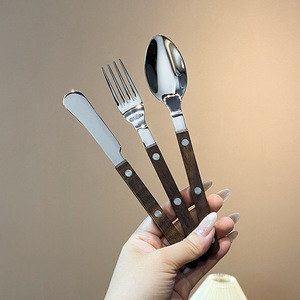 Stainless Steel Walnut Wood Handle <b>Knife</b> Fork Spoon Set 6 Pieces Western Cutlery Hotel Steakware - Product Image 4