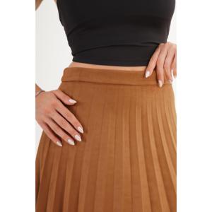 Jupe longue plissée taille haute en similicuir beige pour femme, tissu doux - Product Image 1