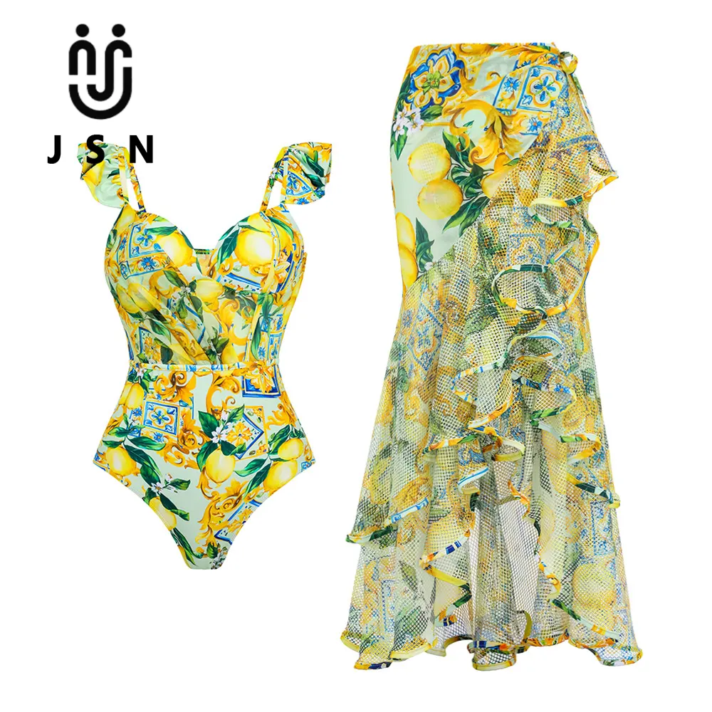 JSN 2023 New French Retro One piece Swimsuit Women's Beach Vacation Suit Skirt Swimwear Bikini Summer Beach Wear