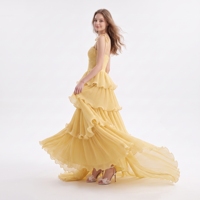 Robe de soirée jaune à volants étagés, bretelles spaghetti, en mousseline plissée, longue, superposée, avec traîne, pour soirée et bal de promo 2026