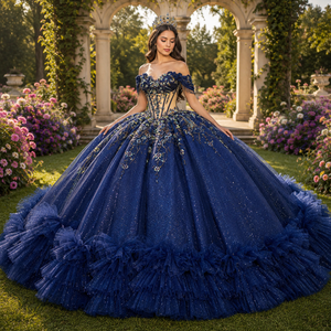 Vestido de Quinceañera Elegante Azul Oscuro de Gasa con Lentejuelas y Apliques, Falda de Bola Voluminosa con Volantes en Capas y Cola para Fiesta - Product Image 1