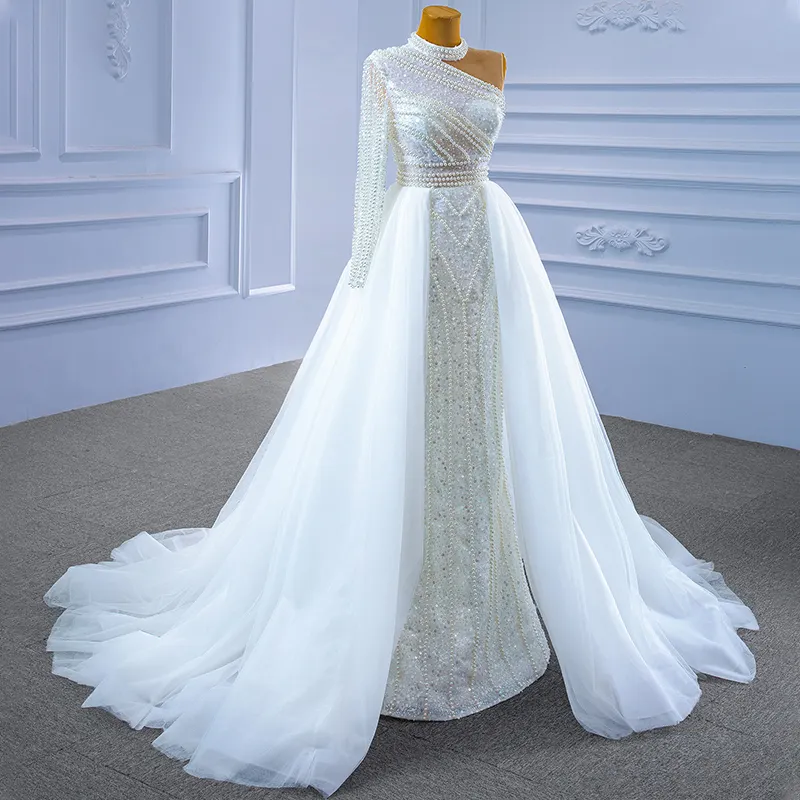 Economical Custom Design Luxurious One-Shoulder Beaded Pearl Strap Wedding Dress