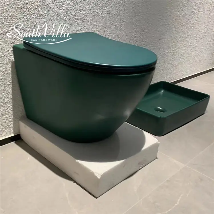 European ceramic rimless toilet wc matt green color wall hung toilet ceramic art basin bathroom sanitary ware color toilet set