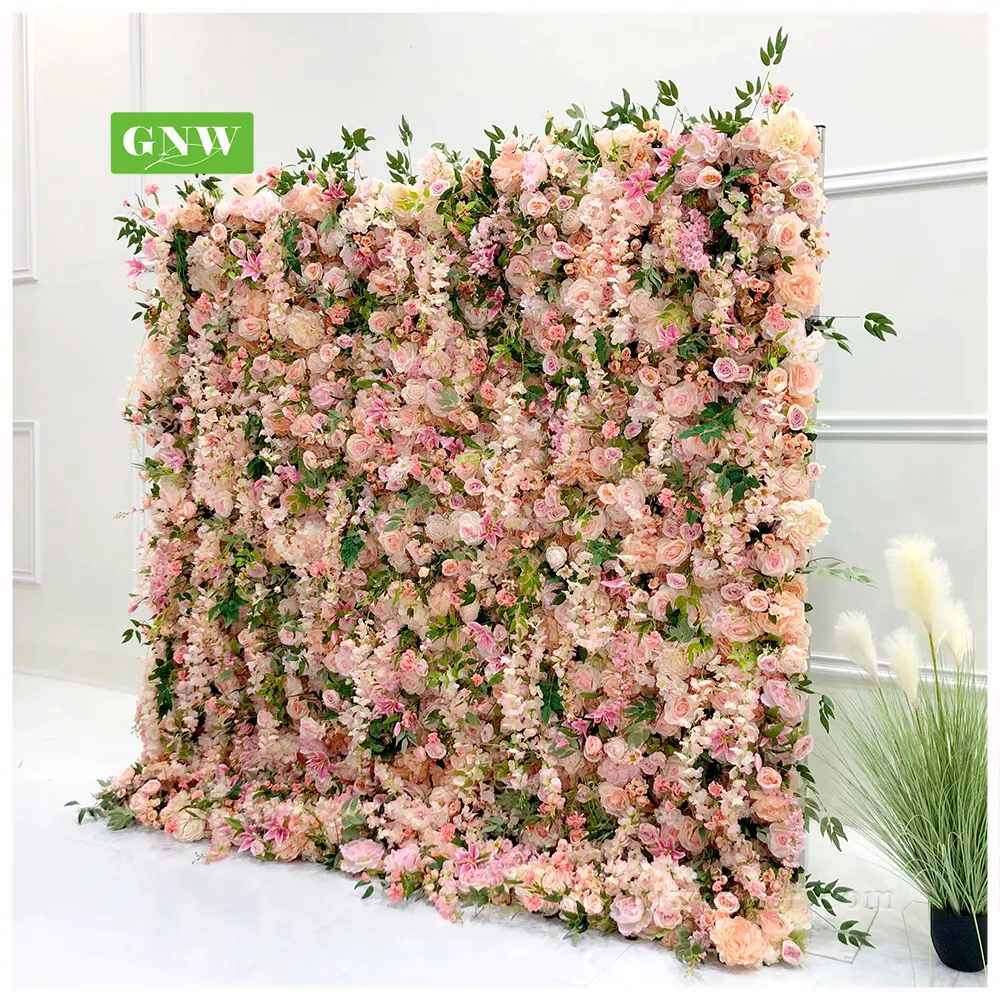 GNW3Dロールアップピンクの花の背景パーティーの装飾または結婚披露宴の装飾的な花緑の葉人工植物の壁