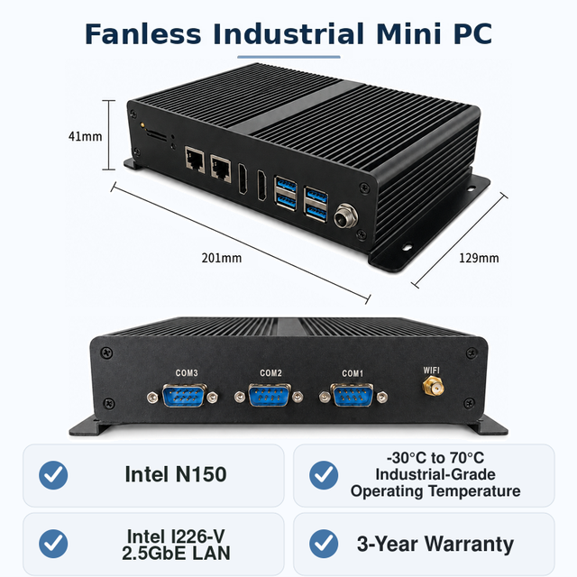 Intel N150 Fanless Industrial Mini PC 2*I226-V 2.5GbE LAN 4*USB3.0 DDR4 2300 Mhz SATA3.0 6Gb/s for 2.0 Windows 10 11 DIN Rail