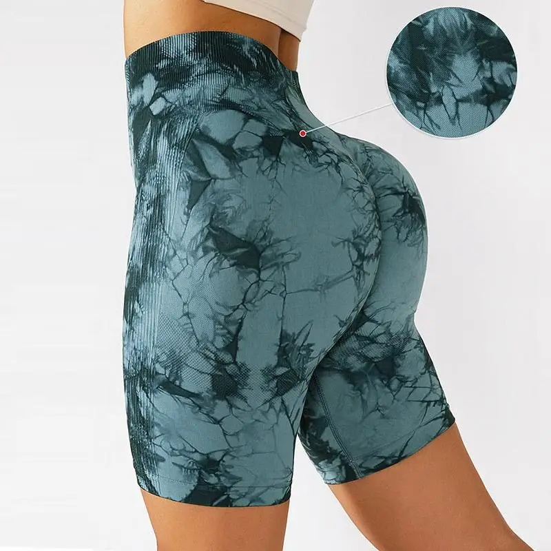 Wholesales New Designs Hot Sales Gym Wear Running Shorts High Waist Tie Dye Scrunch Butt Lift Seamless Yoga Shorts For Women