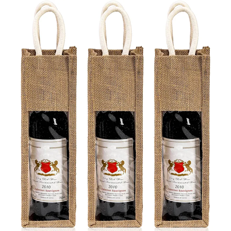 Bolsa de regalo de vino de yute de arpillera para botella individual personalizada con ventana y ASA, bolsas de asas reutilizables para portabotellas de vino para boda, fiesta de cumpleaños