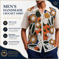 Chemises décontractées pour hommes en acrylique 100% faites à la main au crochet, patchwork floral, manches courtes, style bohème, vêtements de plage d'été