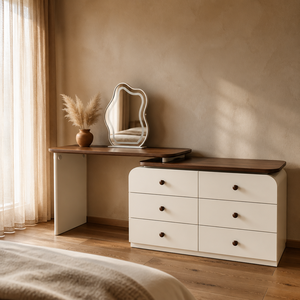 Coiffeuse moderne en acajou réglable avec miroir éclairé, 6 tiroirs, blanc crème, ensemble de bureau de maquillage avec rangement pour chambre et salle à manger - Product Image 3