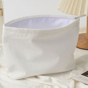 Pochette de rangement en velours côtelé couleur crème avec fermeture éclair et poignée souple, kit organisateur pour rouge à lèvres et pinceaux à sourcils - Product Image 5
