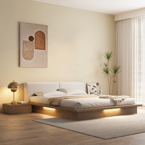Lit japonais tatami, lit plateforme moderne en bois, lit tatami moderne à faible hauteur avec table de chevet et lumières - Product Image 1