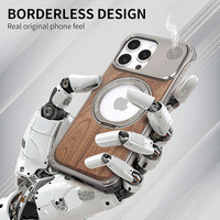 Étui pour iPhone en aluminium magnétique sans cadre avec dos en bois véritable, support rotatif à 360° pour iPhone 16 15 14 Pro Max / Pro