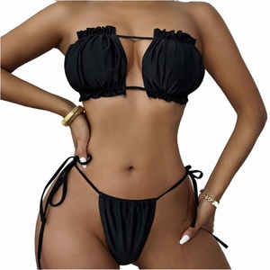 جديد: طقم بيكيني نسائي مثير بلون واحد، بتصميم مكشوف الأكتاف ورافع للصدر وبدون ظهر، من قطعتين، ملابس شاطئ، بتصميم رباط مخصص ومجعد - Product Image 4