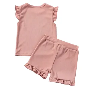 Organic Ribbed Bamboo Kids Sets 2 Piece Knit Set Kid Sustainable Girls Clothing Set Custom Summer Girl Kids T Shirt And Shorts