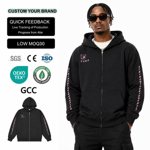 Sudaderas con Capucha y Cremallera con Logotipo Bordado Personalizado, Corte Holgado, Felpa Francesa de Algodón, para Hombre, Invierno, Estilo Urbano Ecológico, 500GSM, Alta Calidad - Product Image 1