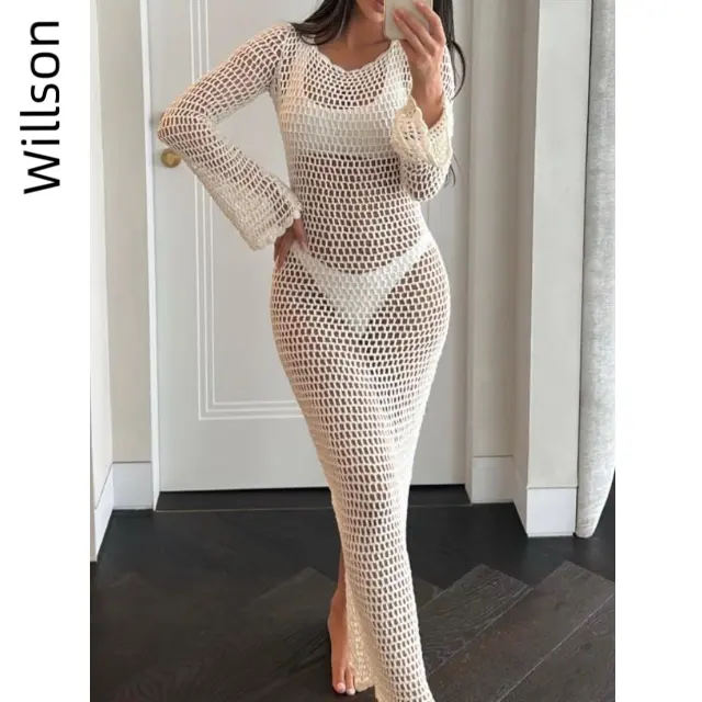 2023 Long Strap Knit Tunika Bikini Vertuschungen Sexy rücken freies Strand kleid Damen bekleidung Summer Beach Wear Cover Up