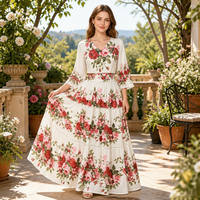 Robe longue plissée Miyake élégante à imprimé floral et col en V avec ourlet à volants, style resort, directement de l'usine, pour femme