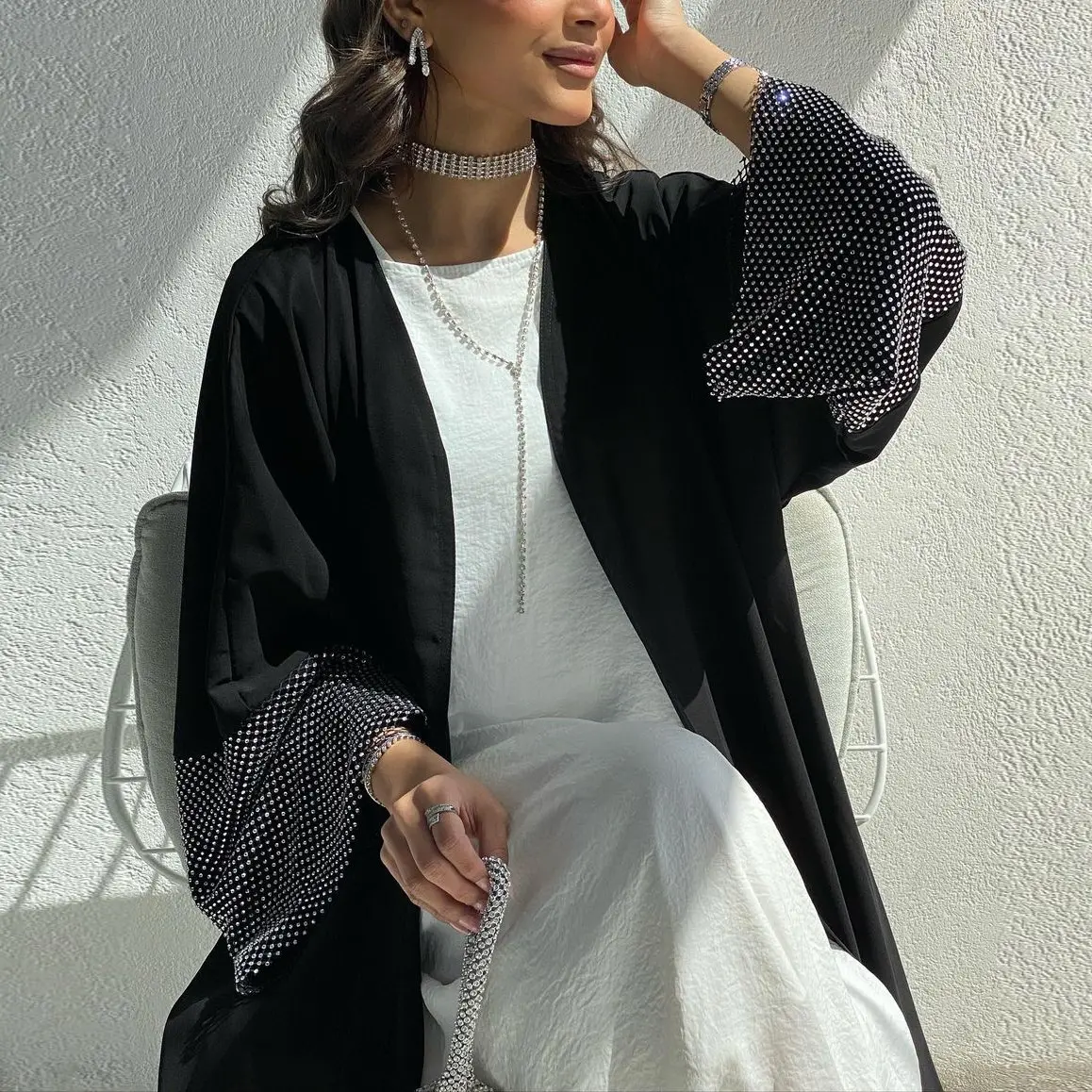 Trung Đông Độc Quyền Cardigan Nida Vải Cho Abaya Căng Khoan Lưới Áo Thổ Nhĩ Kỳ Arabic Phụ Nữ Hồi Giáo Mở Abaya Màu Đen