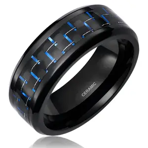 Somen Trendy Men Black 8mm Ceramic Ring Blue Carbon Fiber Inlay Wedding Band Engagement Jewelry Cool Rings Fashion Jewelry