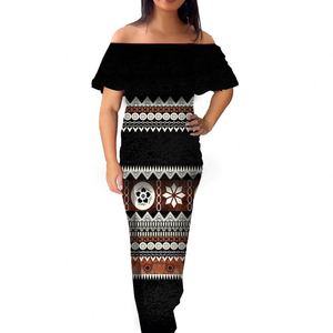 Ropa tribal Polinesia patrón de tatuaje azul oscuro estampado vestido Floral personalizado volantes de talla grande vestido largo isla al por mayor - Product Image 4