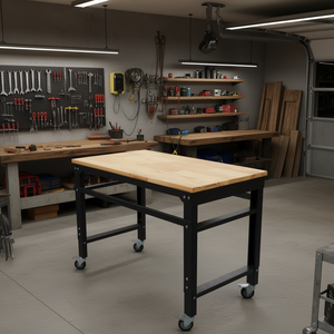 Banc de travail réglable en hauteur, 35 pouces de large, avec plateau en métal et bois, pieds noirs effet martelé, pour garages et ateliers - Product Image 2