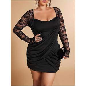 Robe moulante en dentelle sur mesure pour femmes grandes tailles, robe de cocktail courte à manches longues, à encolure croisée et plissée - Product Image 4