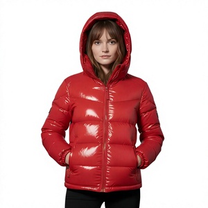 Red Hooded Puffer <b>Jacket</b> Woman <b>Men</b> Winter Warm Down Filled Zippered Casual Coat Solid Color PU Coated Regular Fit Solid colors - Product Image 2