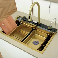 Nouveau produit Évier de cuisine multifonctionnel à cascade intelligent fait à la main avec support pour téléphone portable et pistolet pulvérisateur