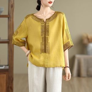Chinese Style Cotton <b>Linen</b> Embroidered V Neck Short Sleeve T Shirt Women Summer Loose Fit <b>Plus</b> <b>Size</b> Literary <b>Top</b> - Product Image 4