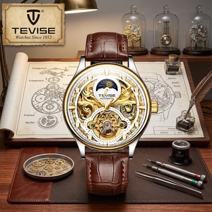 นาฬิกาข้อมือผู้ชาย TEVISE T820D ระบบจักรกล สายหนัง หน้าปัดแสดงข้างขึ้นข้างแรม ตัวเรือนโลหะผสม กระจกมิเนอรัล กันน้ำ นาฬิกาสปอร์ตและธุรกิจ - Product Image 3